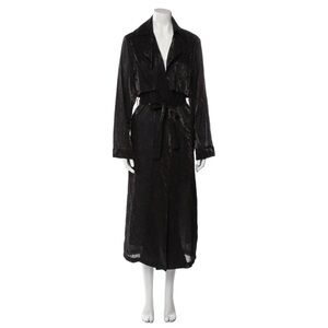 RTA trench coat black shiny sheen scalloped pointed collar jacket long